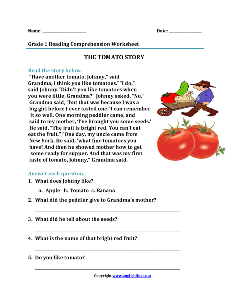 Worksheet ~ Reading Worksheets First Grade 1St Tomato Story