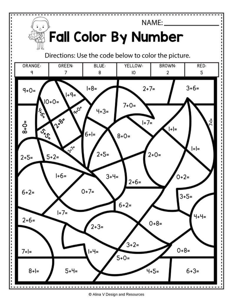 Worksheet ~ Remarkable Addition Colornumber Fall Math