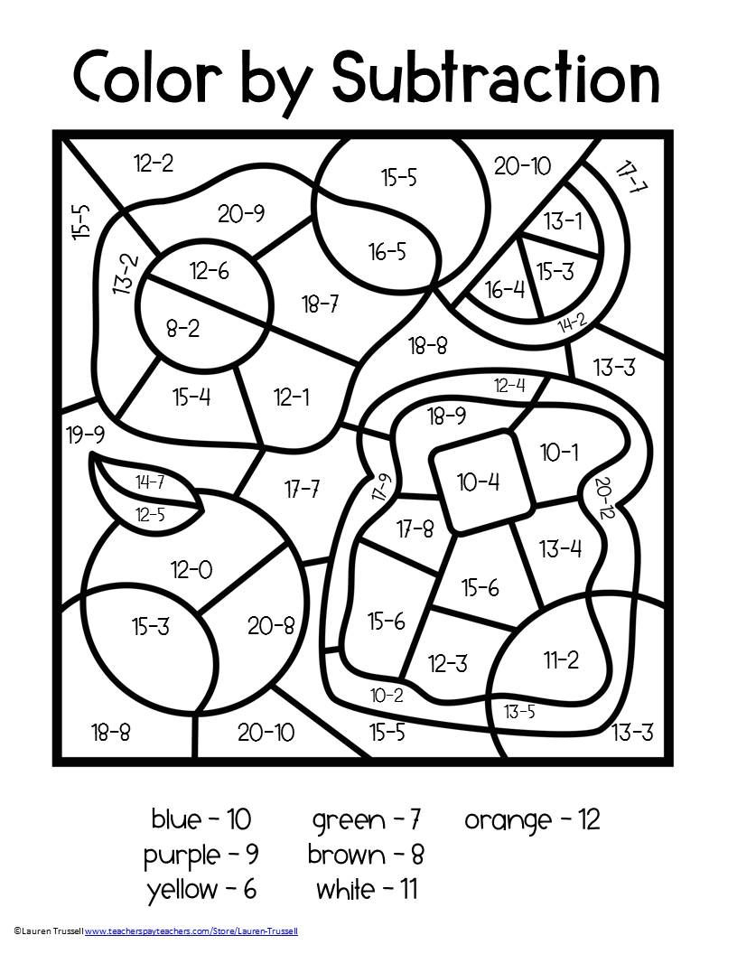 Worksheet ~ Subtraction Color Bymber 1St Grade Math