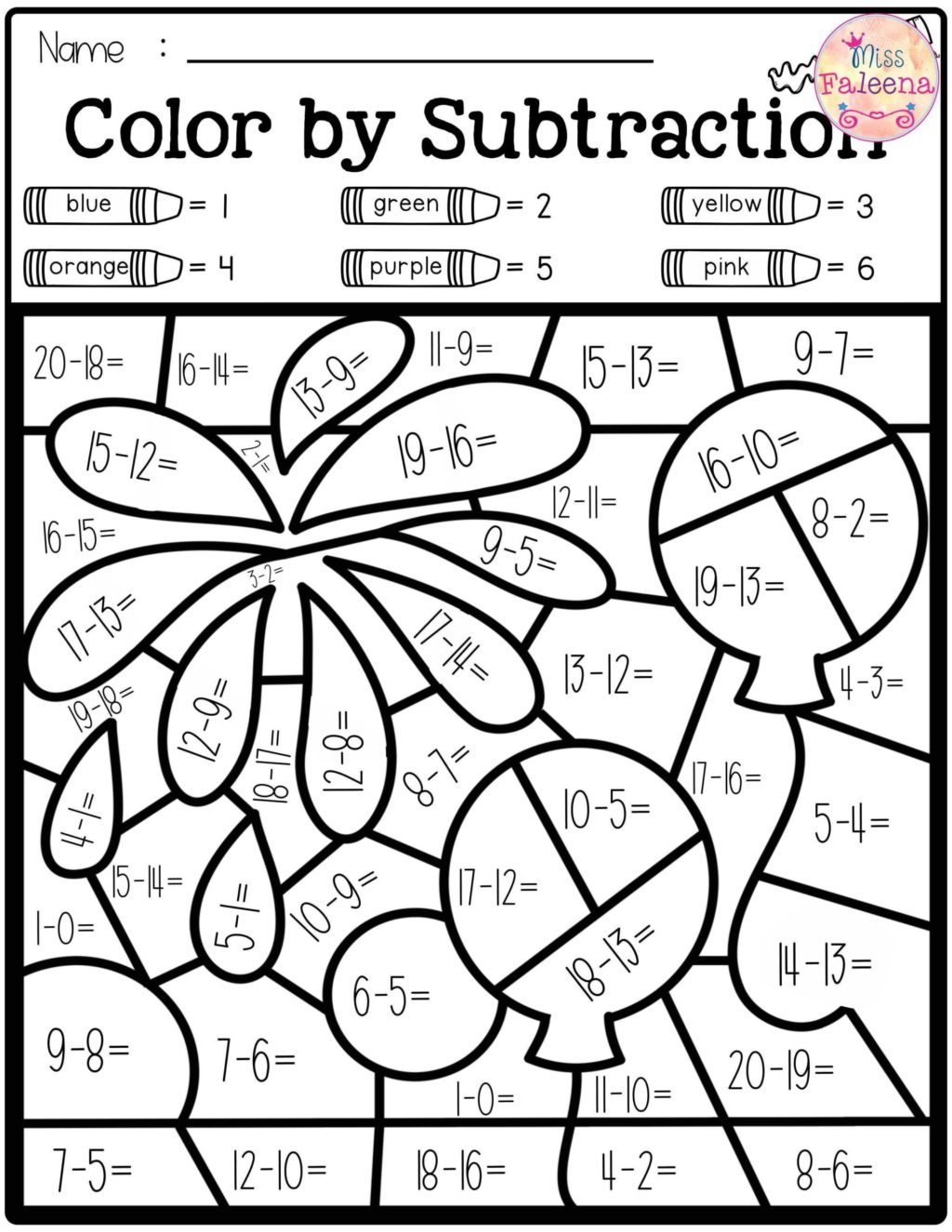 Worksheet ~ Subtraction Colornumberree Addition And