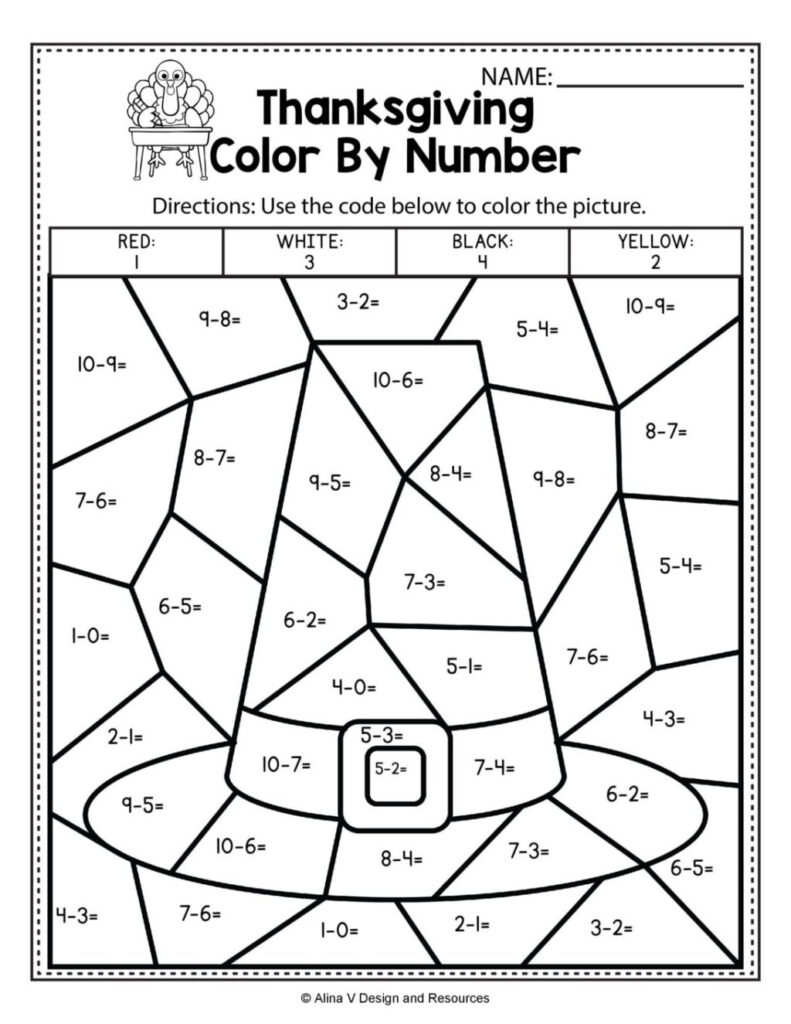 Worksheet ~ Thanksgiving Colornumber Subtraction Math