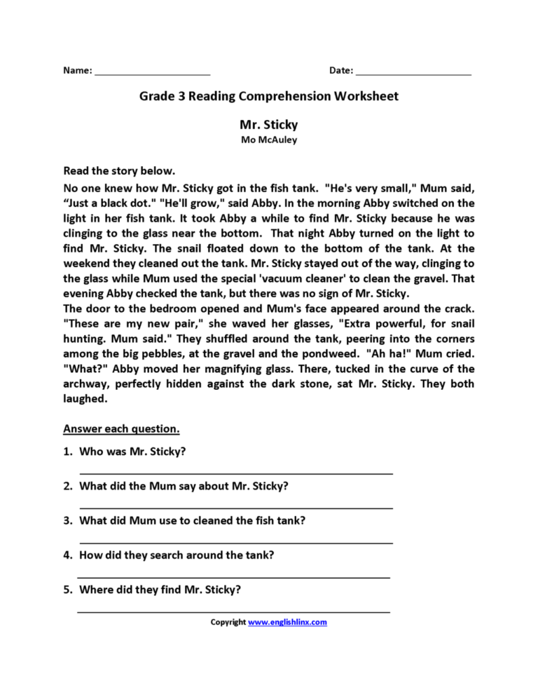 Worksheet ~ Worksheet Mr Sticky Third Grade Reading ...