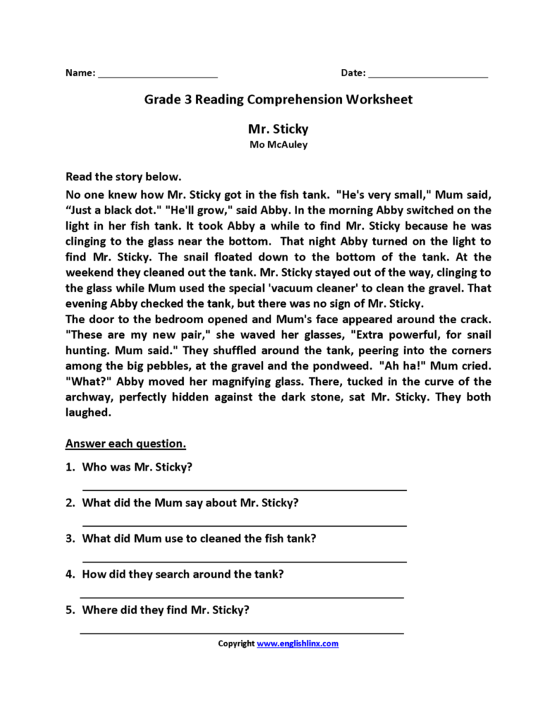 Worksheet ~ Worksheet Mr Sticky Third Grade Reading
