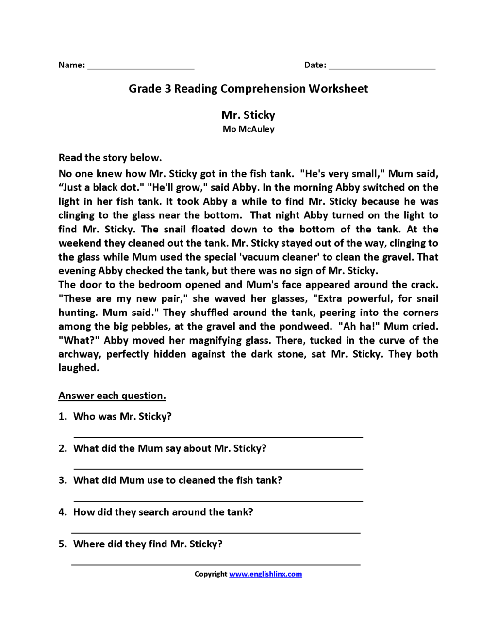 Worksheet ~ Worksheet Mr Sticky Third Grade Reading