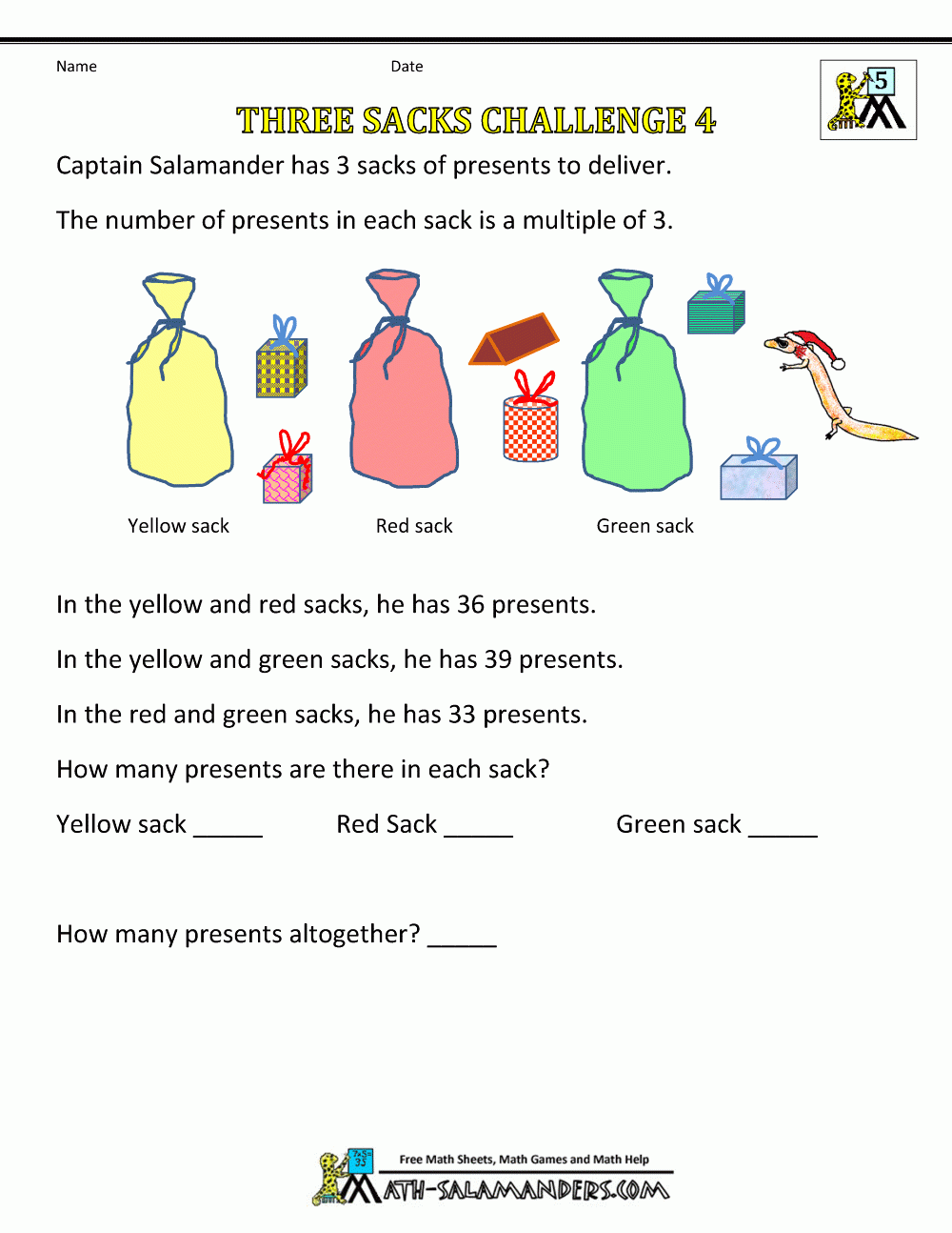 Worksheets For Christmas Math Three Sacks Challenge 4