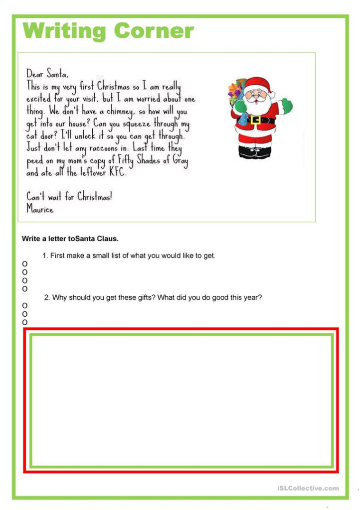 Writing Corner   Letter To Santa   English Esl Worksheets
