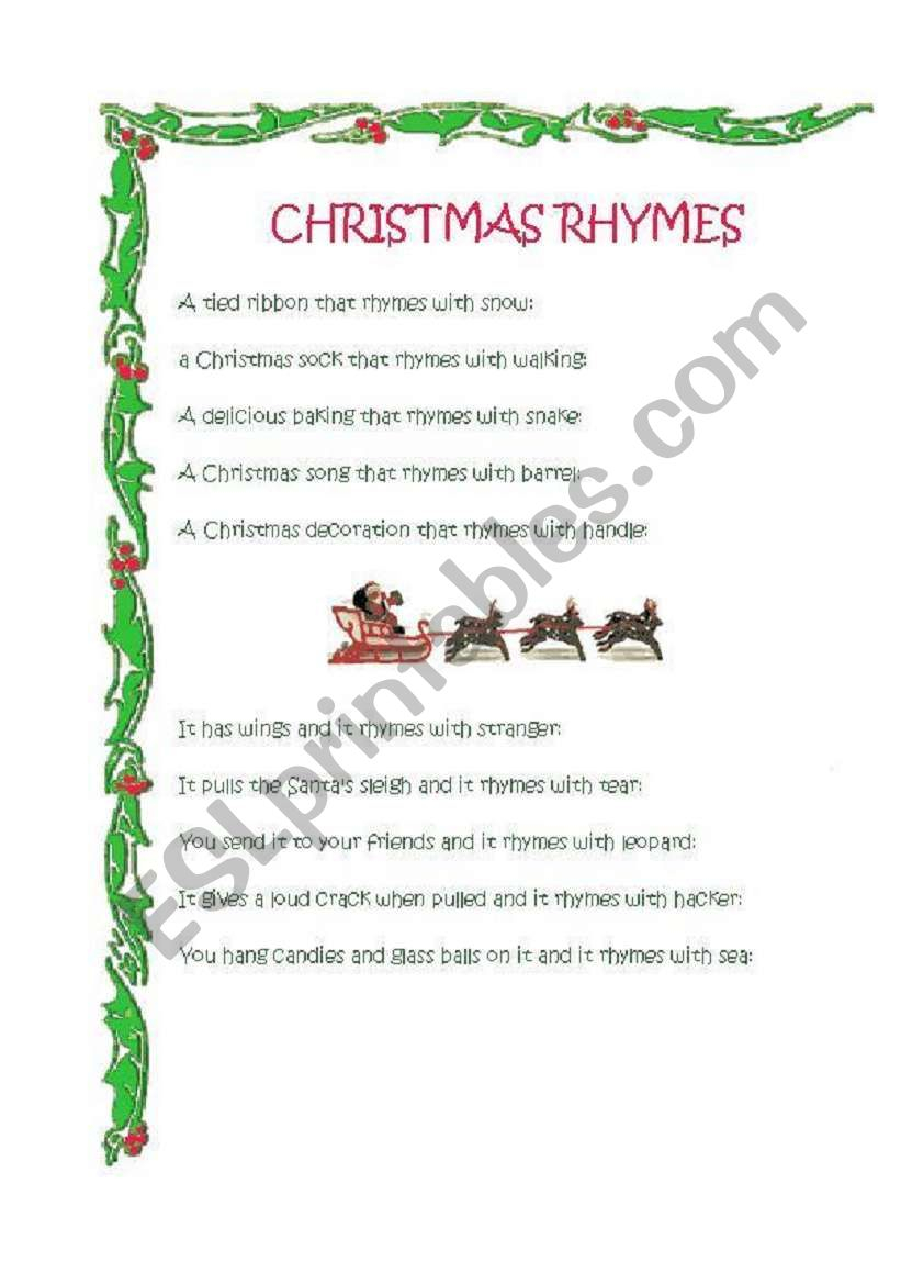 Xmas Rhymes - Esl Worksheeteolia