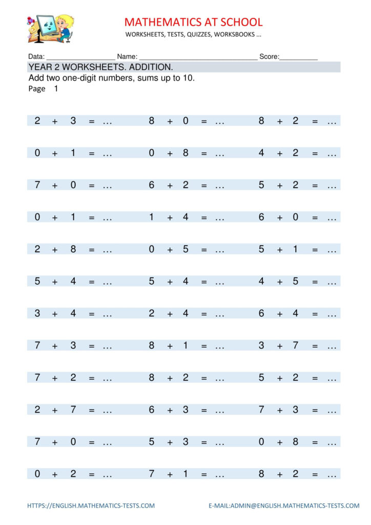 Year 2 Worksheets: Addition Add Two Single Digit Numbers