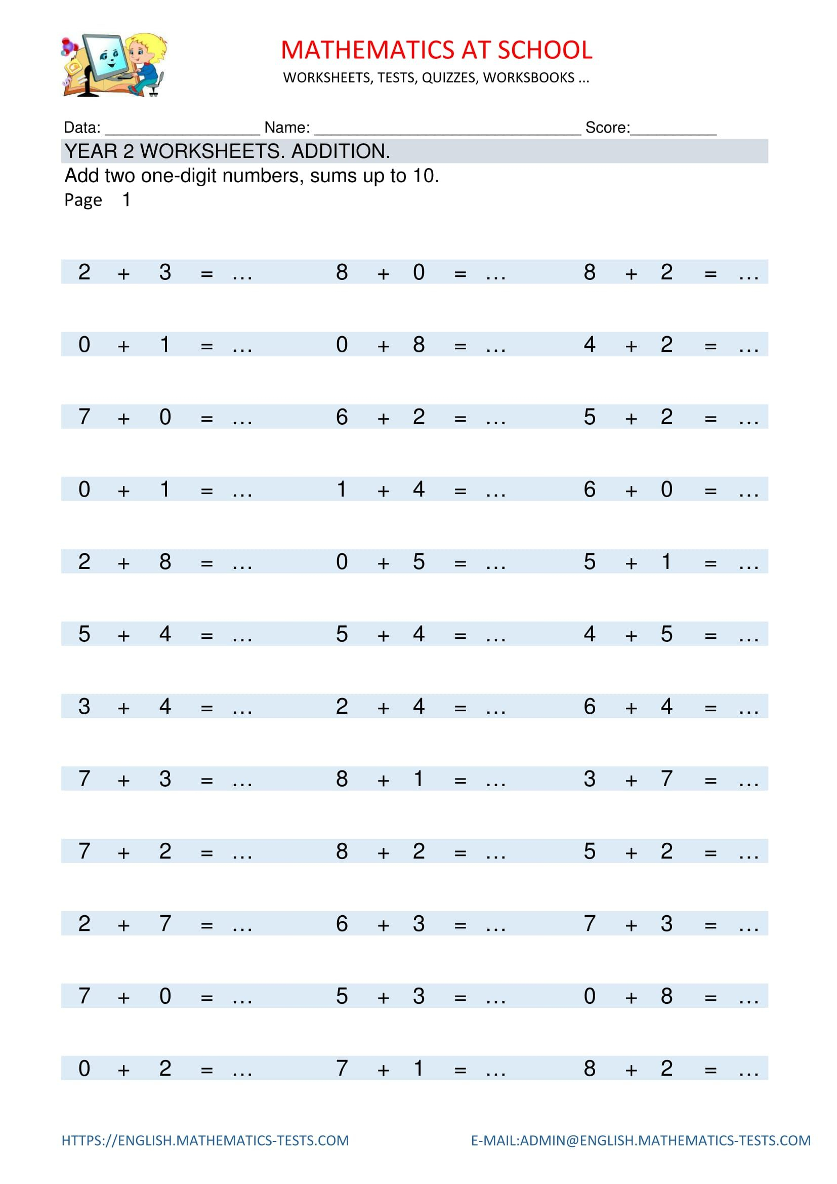 Year 2 Worksheets: Addition Add Two Single-Digit Numbers