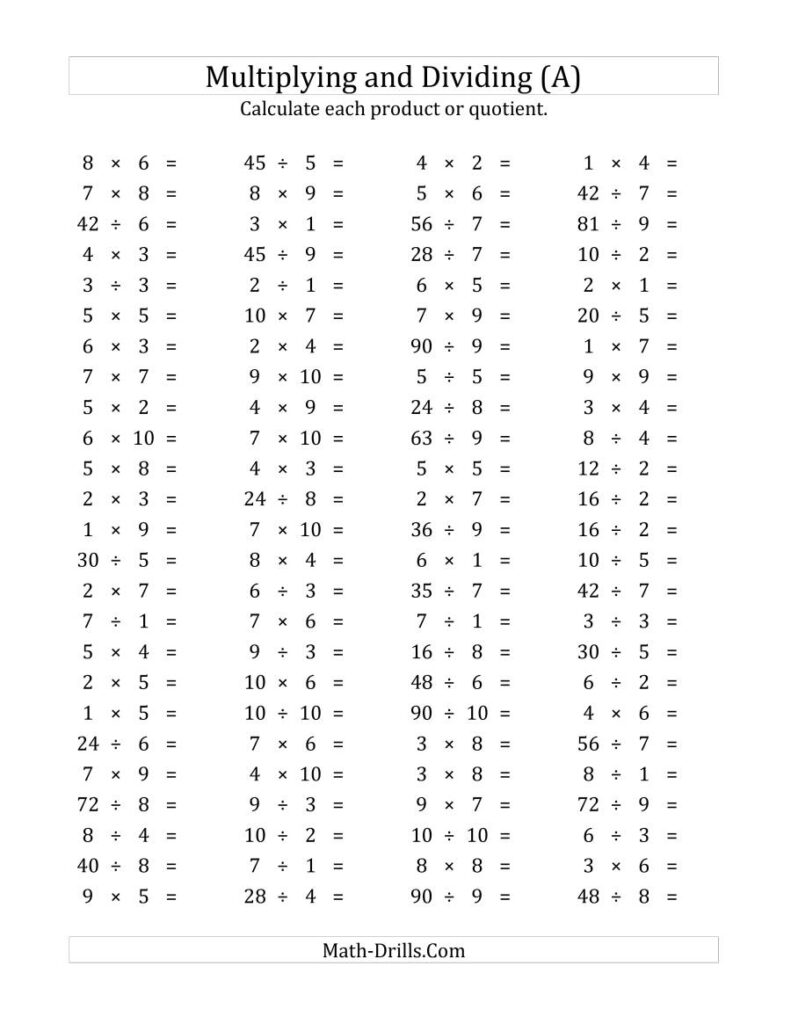 100 Horizontal Multiplication/division Questions (Facts 1 To