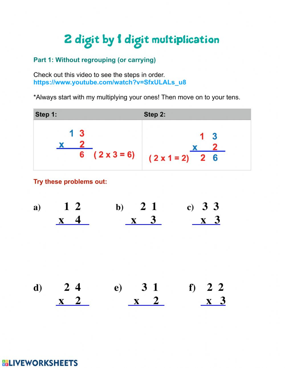 21 Digit Multiplication Worksheet