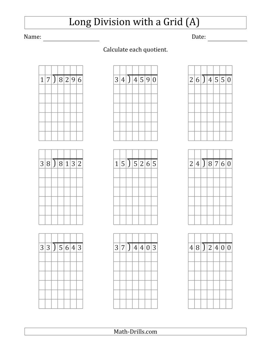 4-Digit2-Digit Long Division With Grid Assistance And No