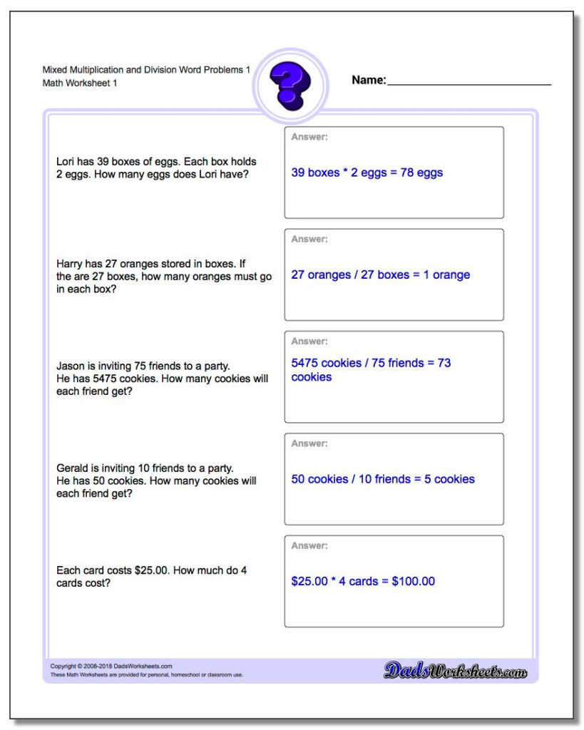 4Th Grade Math Worksheets Word Problems Mixed Multipy Divide
