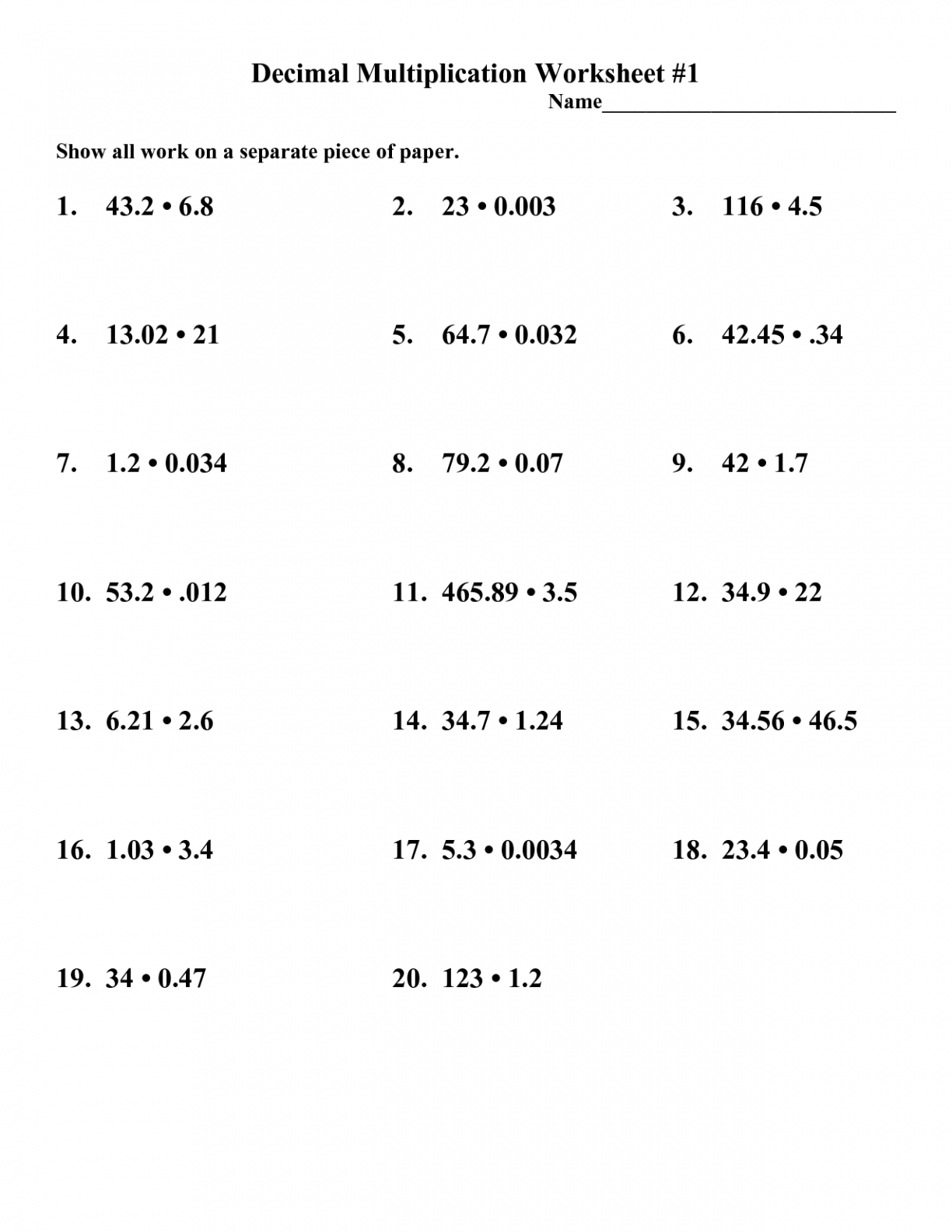 6Th Grade Multiplying And Dividing Decimals Worksheets