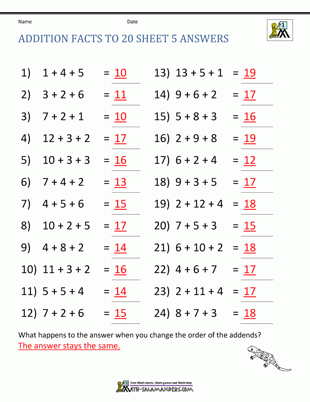 Addition Facts To 20 Worksheets