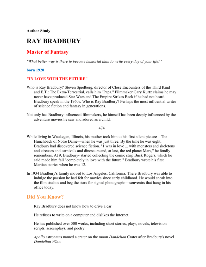 Author Study Ray Bradbury Master Of Fantasy &amp;quot;what Better Way