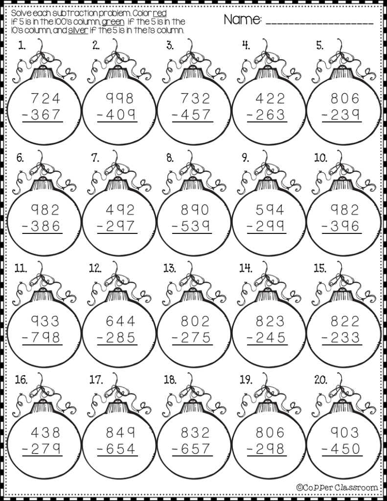 Christmas 3 Digit Subtraction With Regrouping Printables