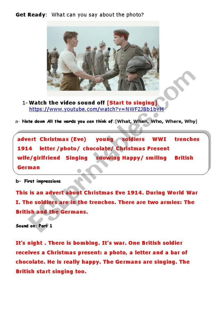 Christmas Truce Advert [1914 Wwi]   Esl Worksheetaurore