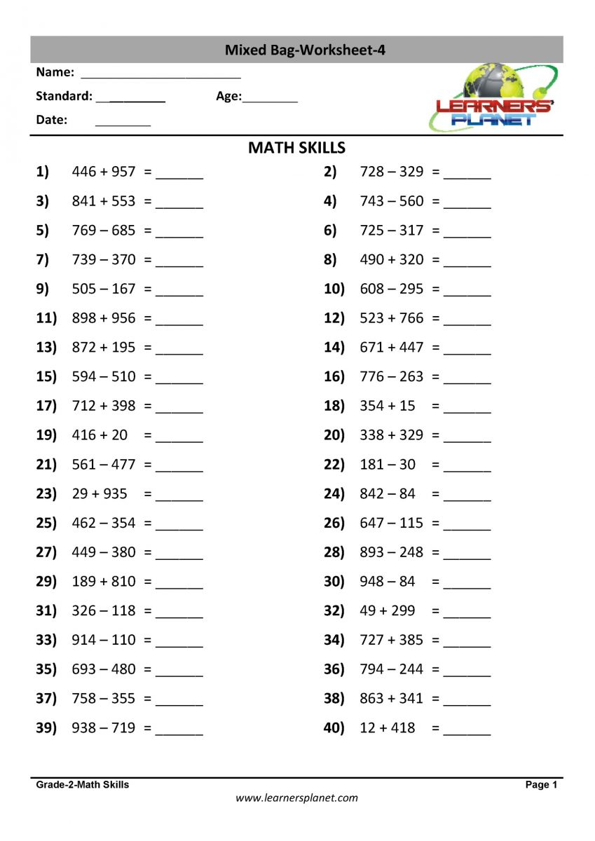 Class 2 Math Addition Subtraction Multiplication Division