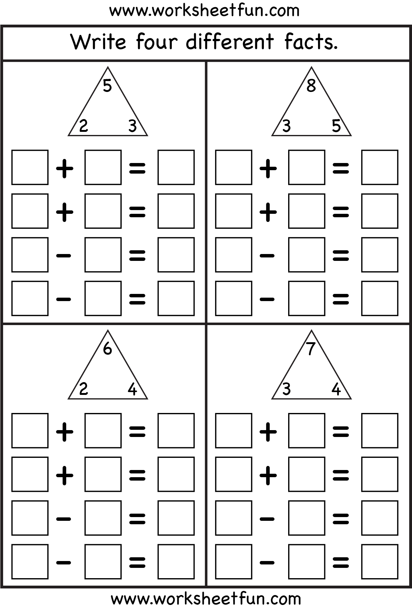 Fact Family – Complete Each Fact Family – 4 Worksheets