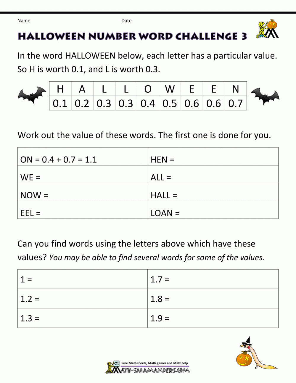 Free Halloween Math Worksheets