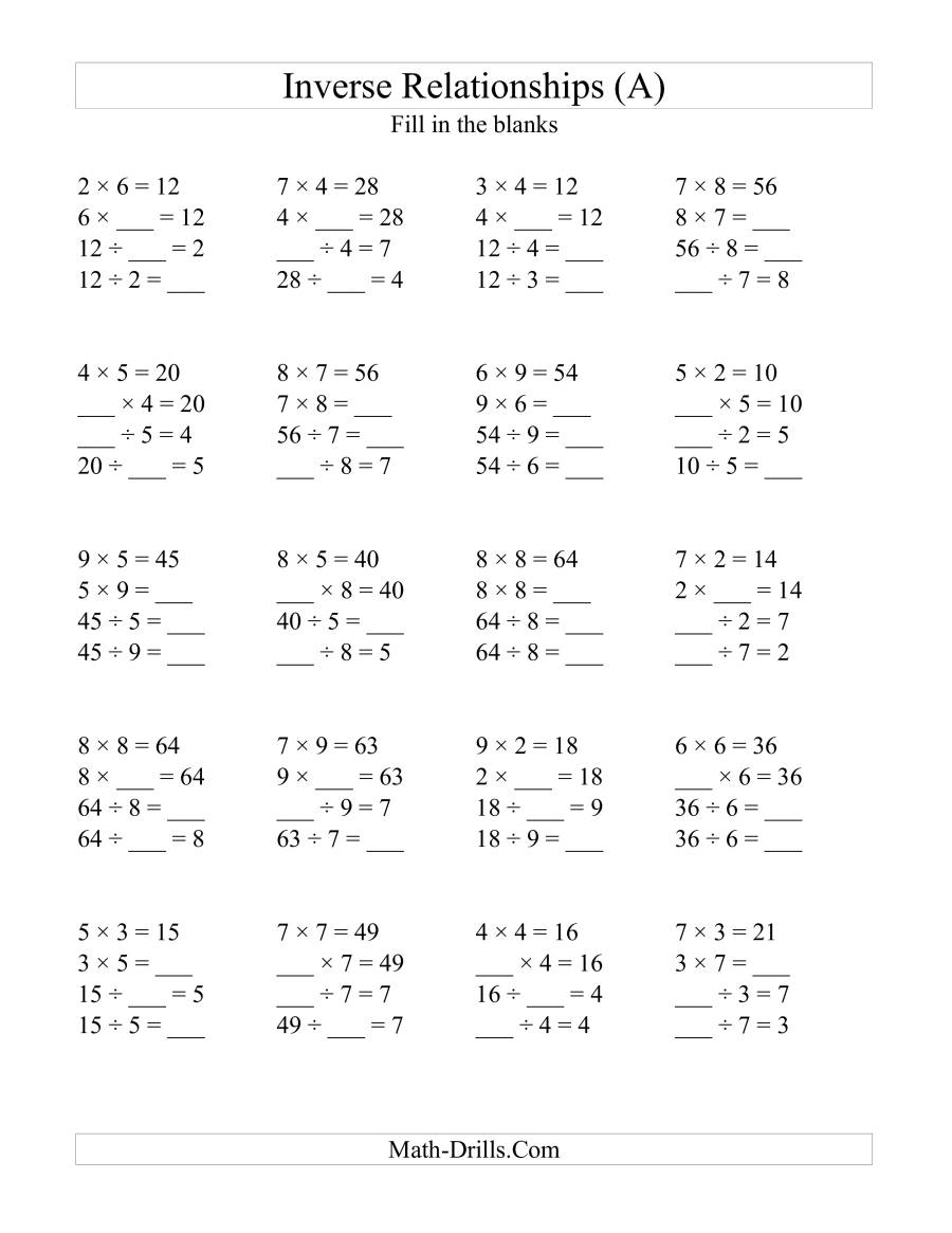 Inverse Relationships -- Multiplication And Division All