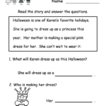Kindergarten Halloween Reading Worksheet Printable | Reading