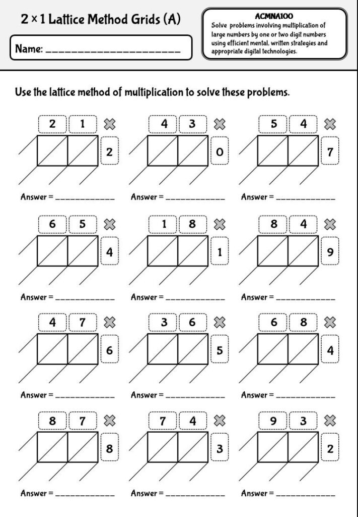 Lattice Method Of Multiplication Worksheets With Australian