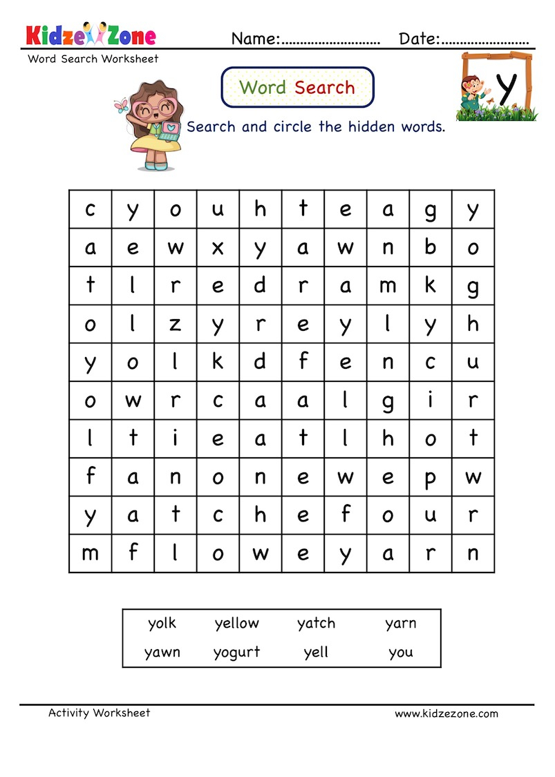 Letter Y Word Search Worksheet - Kidzezone for Letter Y Worksheets Answer Key