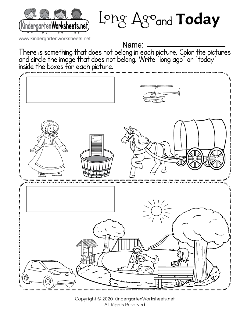 Long Ago And Today - Free Kindergarten Social Studies Worksheet
