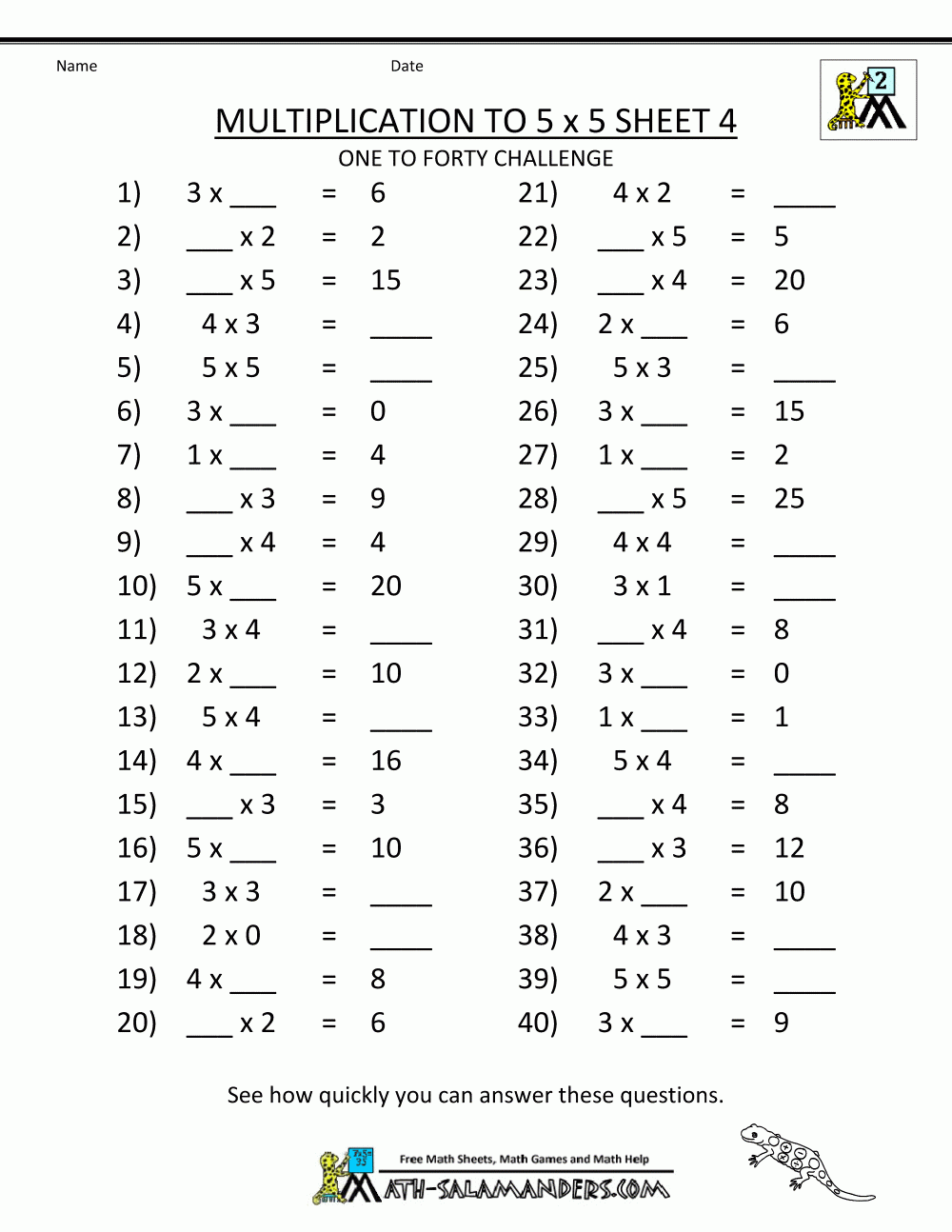 Math Worksheet : Multiplication Factseets To 5X5 For 2Nd