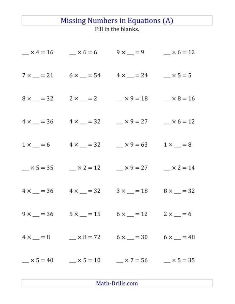 Missing Numbers In Equations (Blanks)    Multiplication