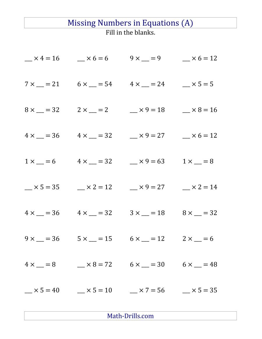 Missing Numbers In Equations (Blanks) -- Multiplication