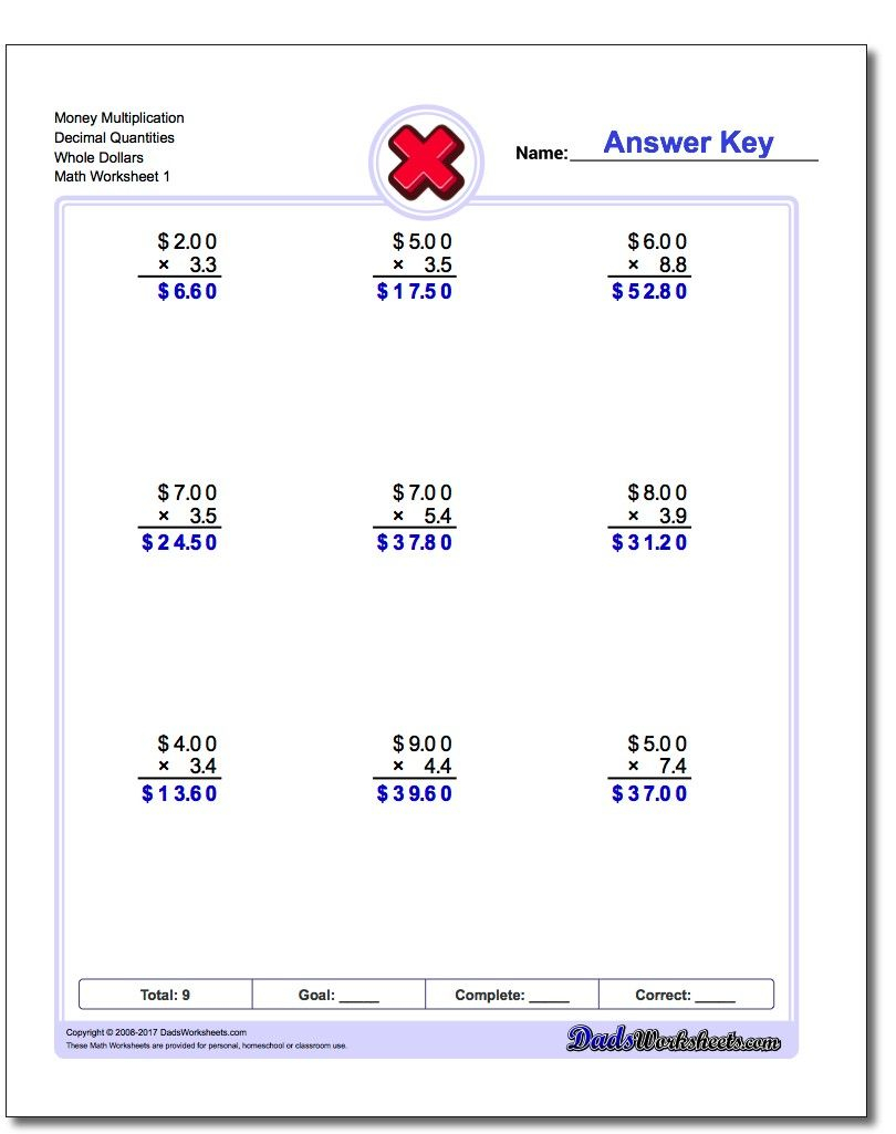 Money Multiplication Worksheets | Decimals Worksheets