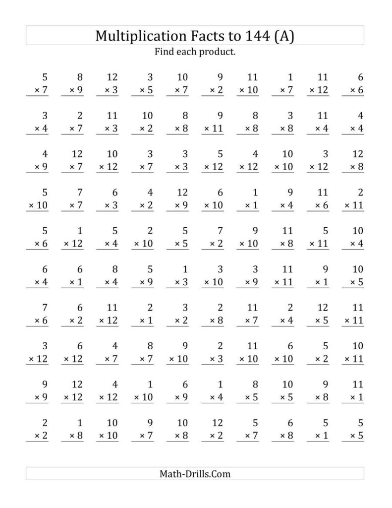 Multiplication Facts To 144 No Zeros (A)