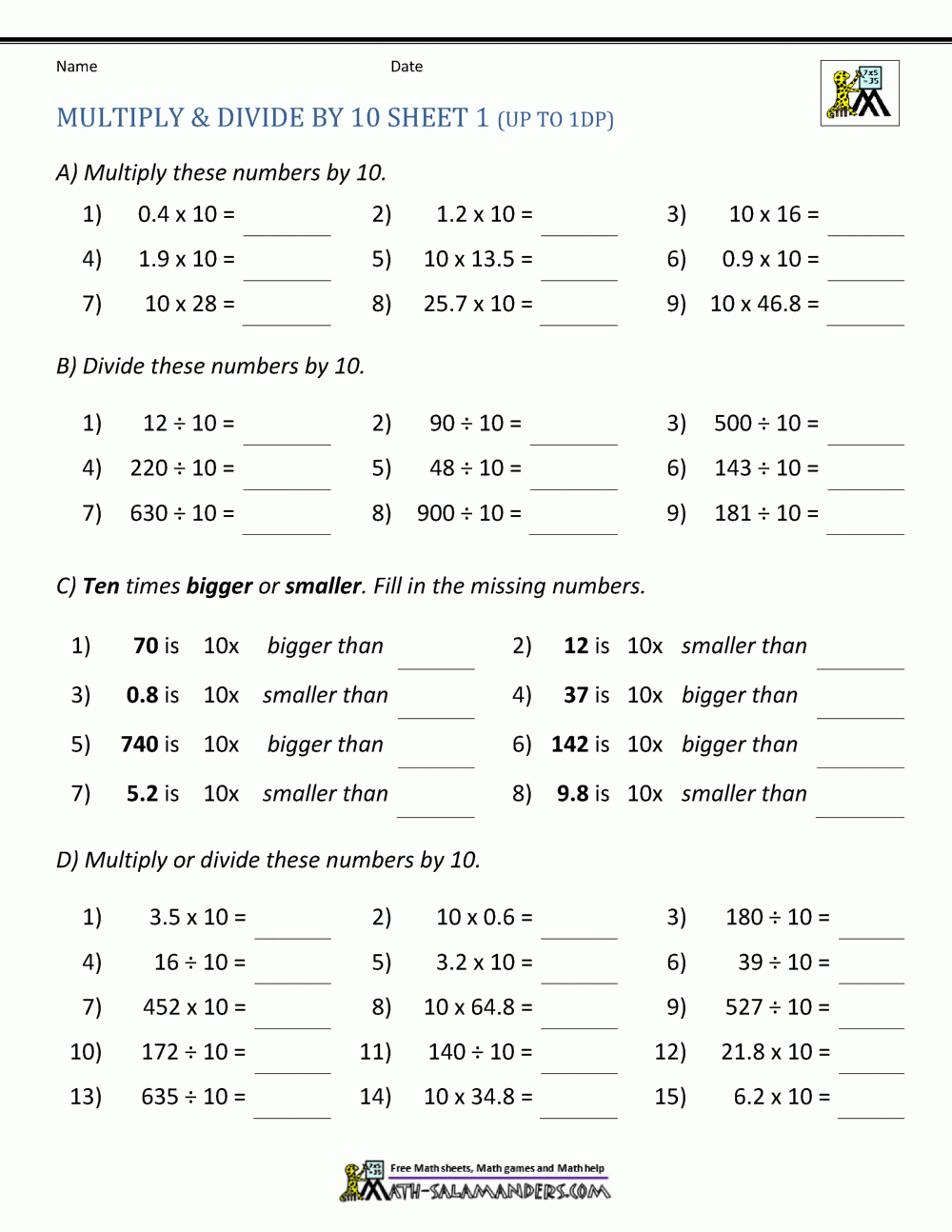 worksheet multiplication and division