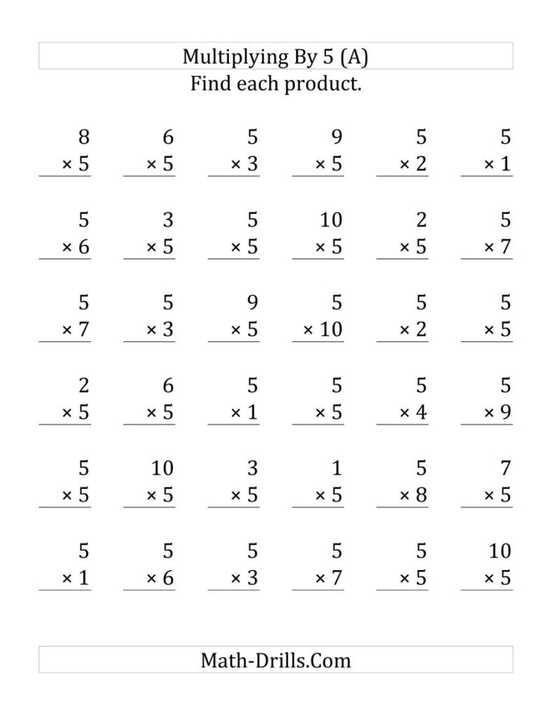 Multiplying (1 To 10)5 (36 Questions Per Page) (A)