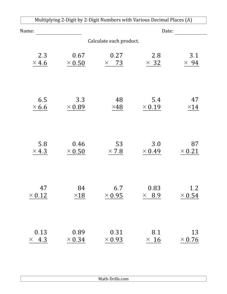 Multiplying 2 Digit2 Digit Numbers With Various Decimal