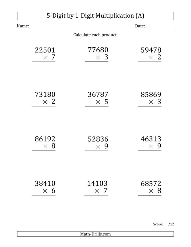 Multiplying 5 Digit1 Digit Numbers (Large Print) (A)