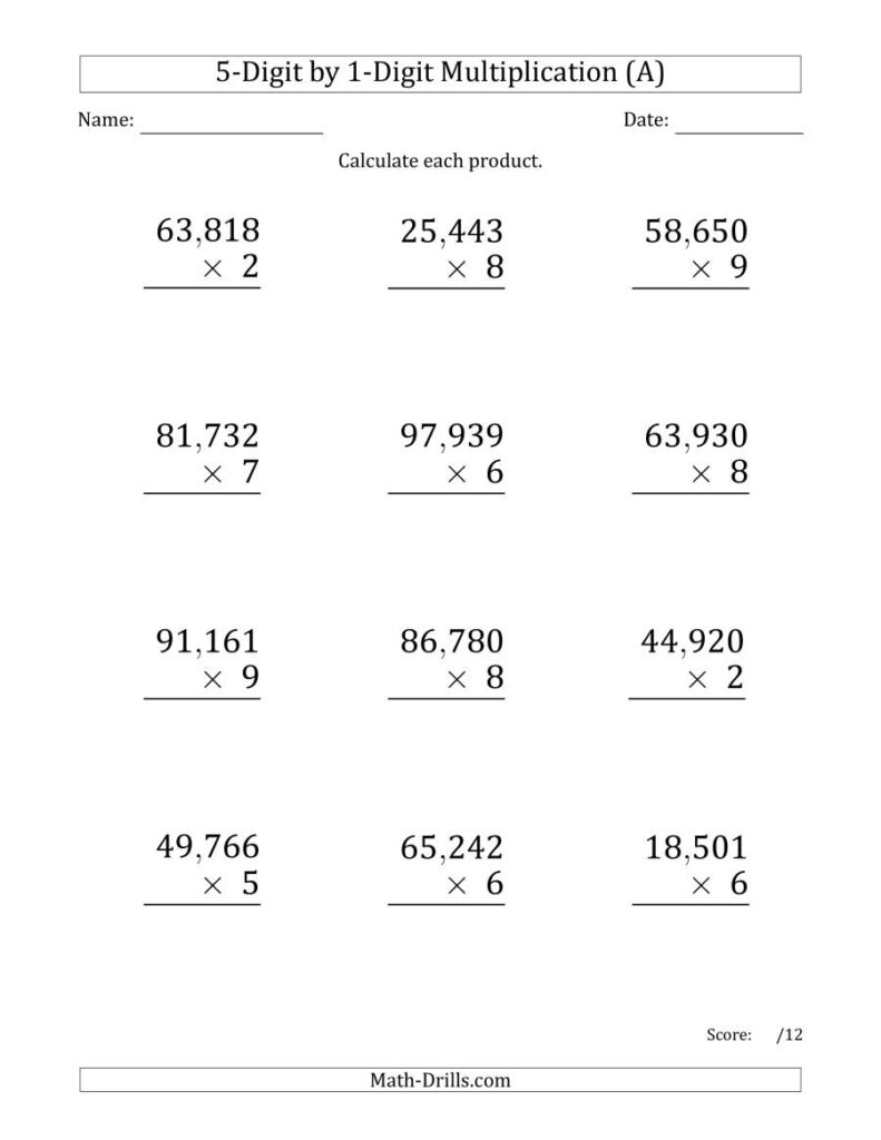 Multiplying 5 Digit1 Digit Numbers (Large Print) With