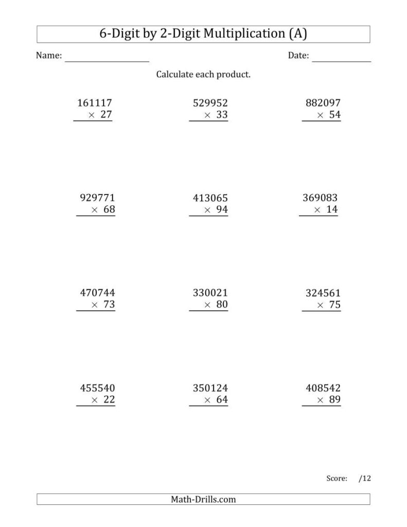 Multiplying 6 Digit2 Digit Numbers (A)