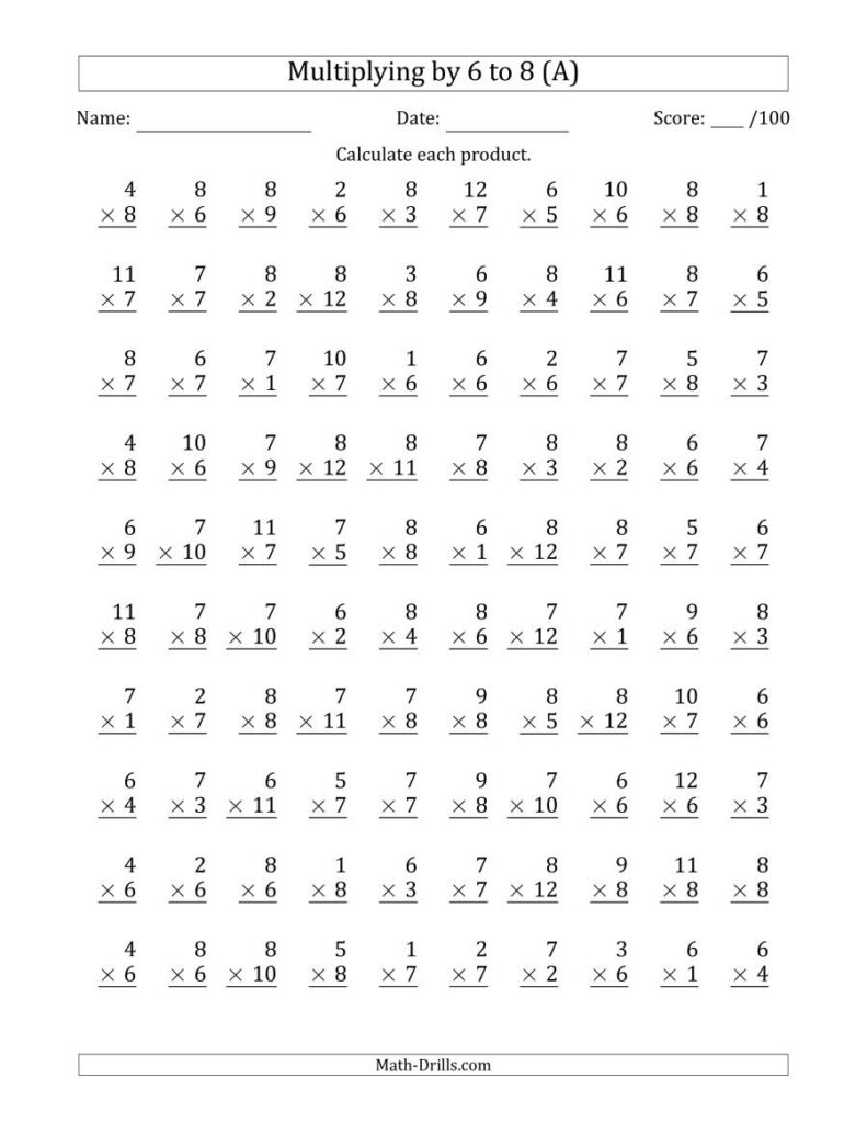 Multiplying6 To 8 With Factors 1 To 12 (100 Questions) (A)
