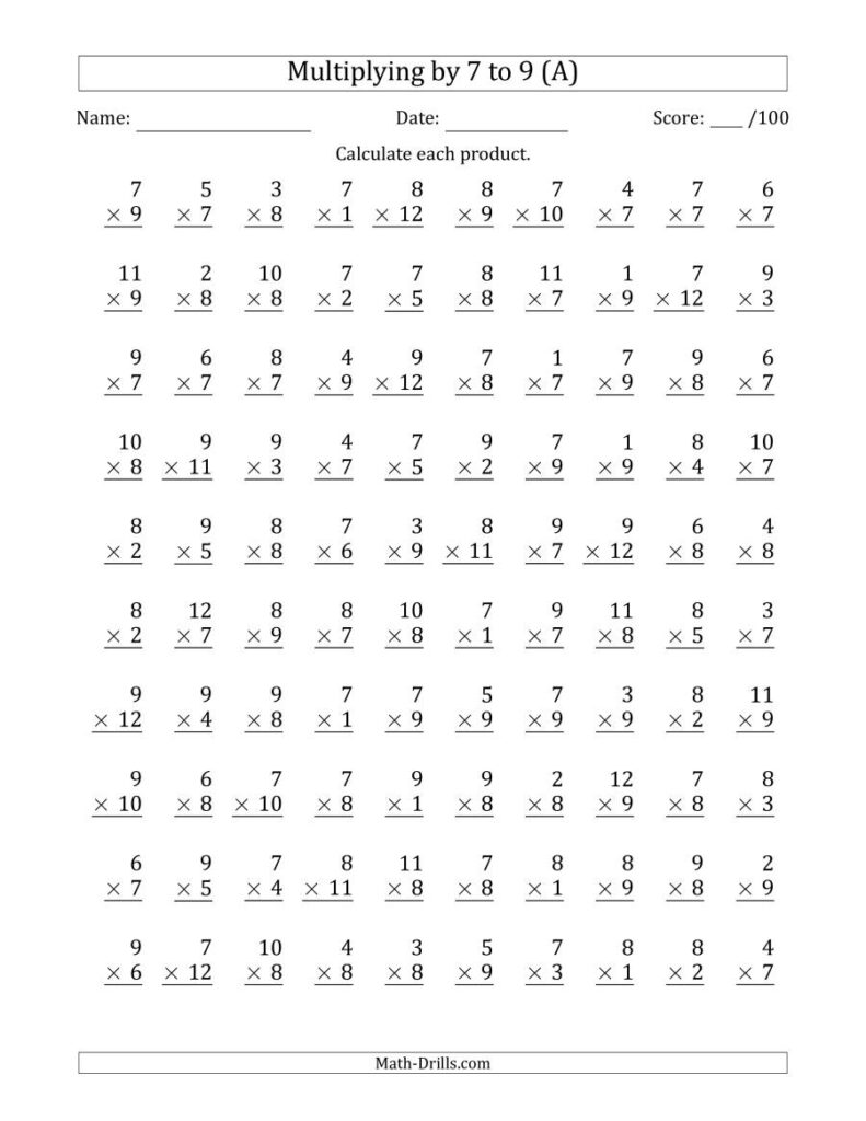 Multiplying7 To 9 With Factors 1 To 12 (100 Questions) (A)