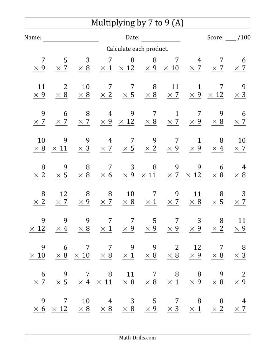 Multiplying7 To 9 With Factors 1 To 12 (100 Questions) (A)