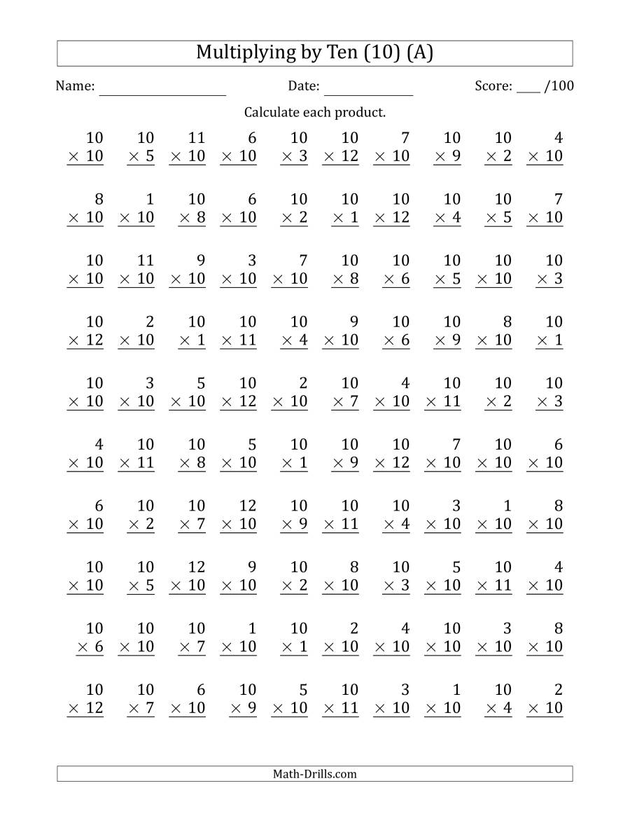 Multiplyingten (10) With Factors 1 To 12 (100 Questions) (A)