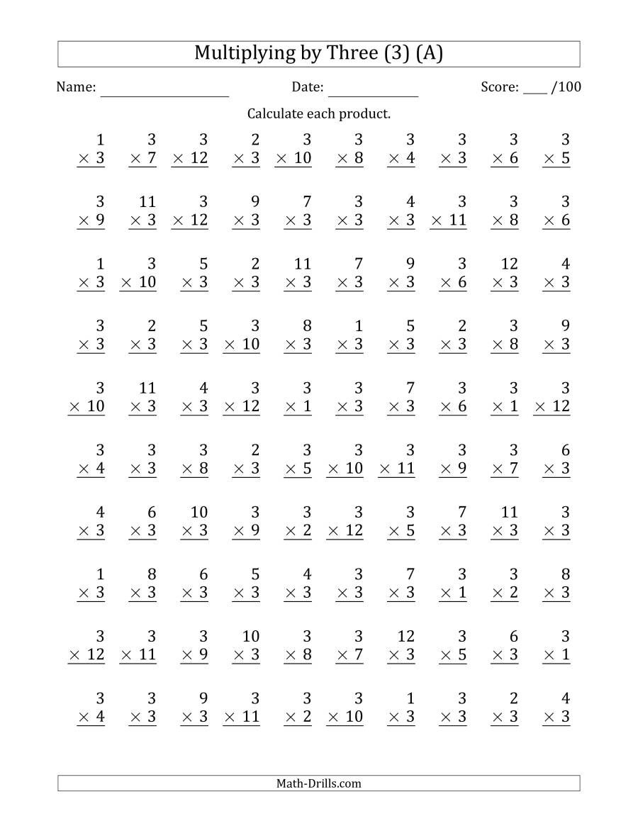 Multiplyingthree (3) With Factors 1 To 12 (100 Questions