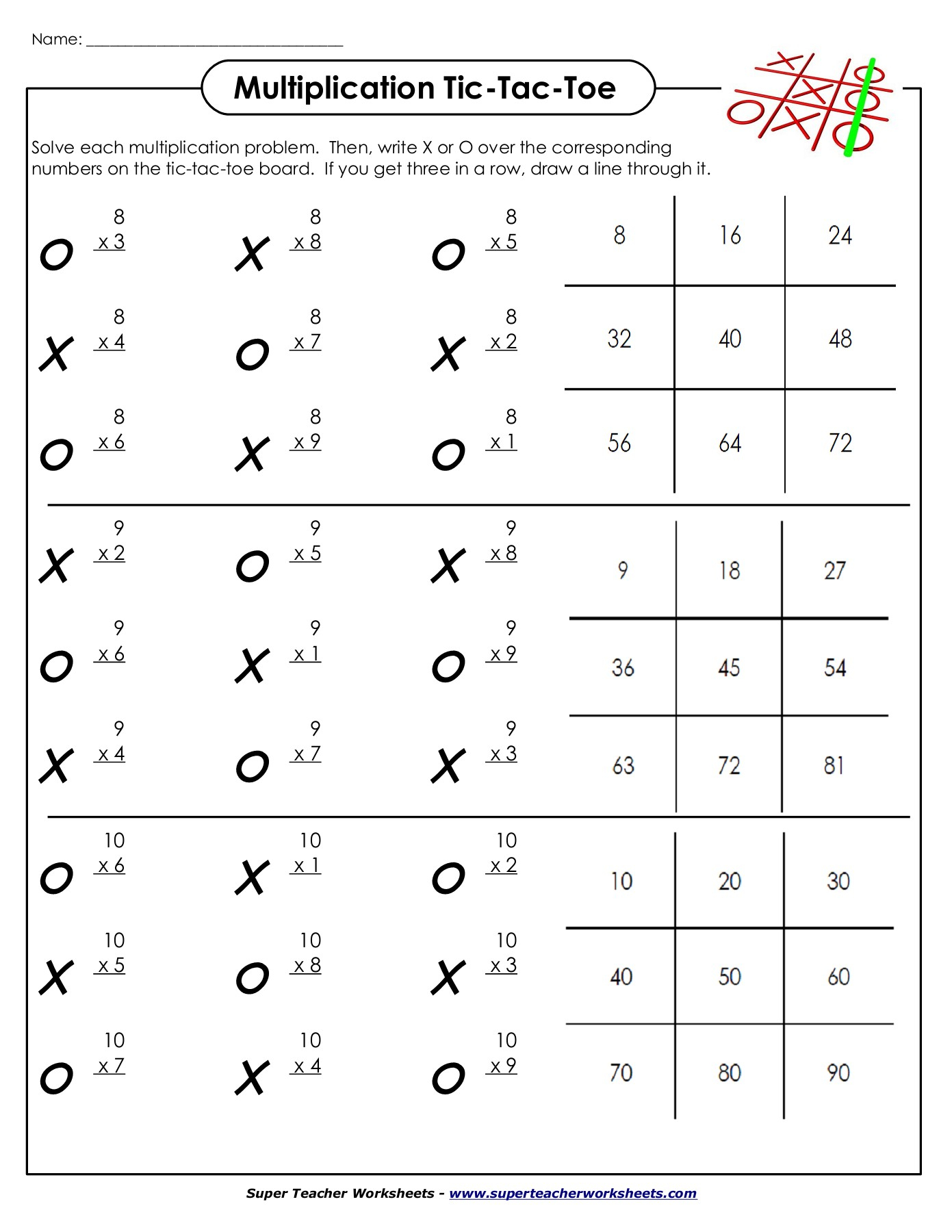 Name: Multiplication Tic-Tac-Toe - Super Teacher Worksheets