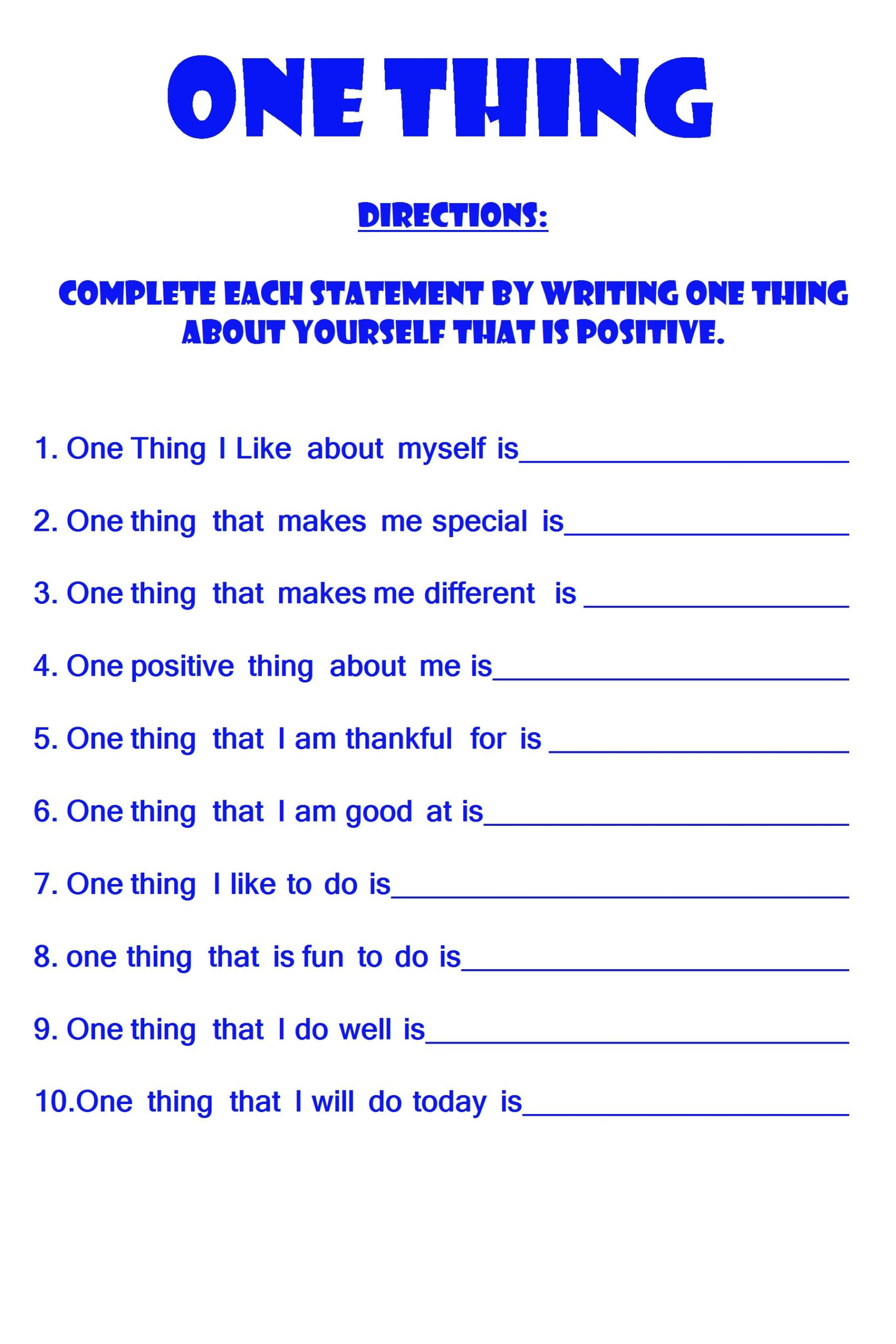 One Thing: Positive Self Esteem Worksheet | Self Esteem