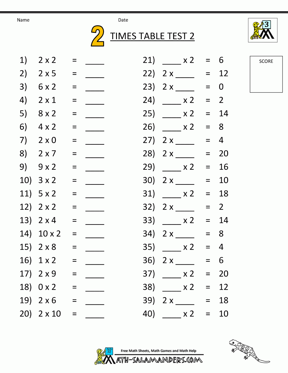 Printable Times Tables - 2 Times Table Sheets