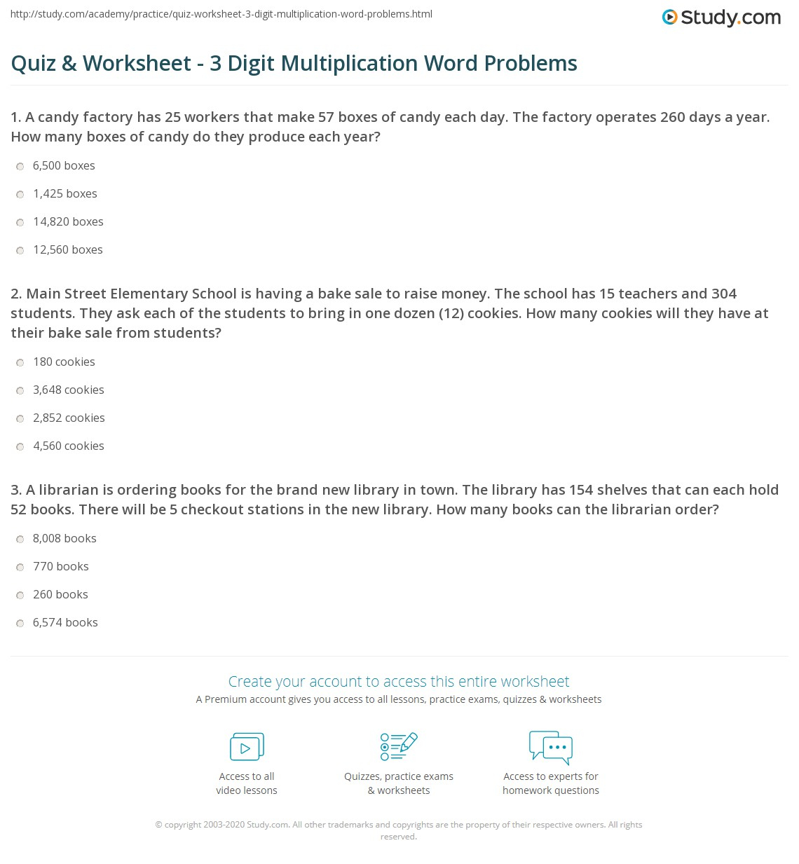 Quiz &amp;amp; Worksheet - 3 Digit Multiplication Word Problems